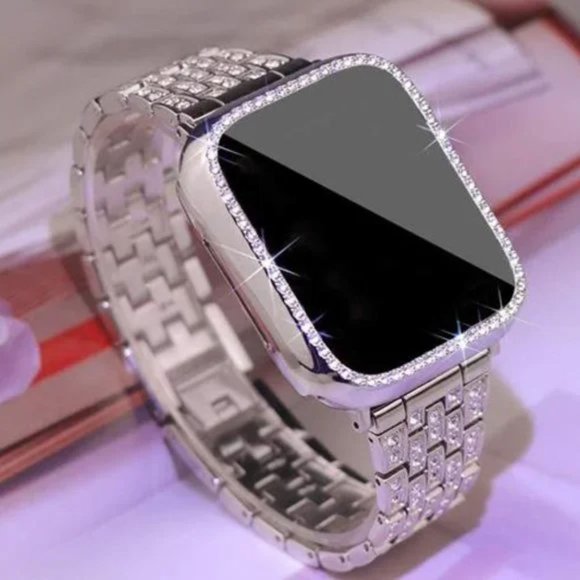 New Silver Rhinestone Bling Apple Watch Band+ Case - Picture 1 of 5